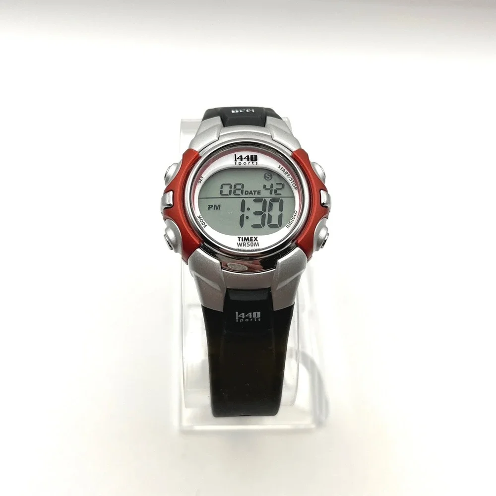 Timex 1440 Sports Digital Watch‎ Silver Red Black Resin Strap WR 50M Indiglo